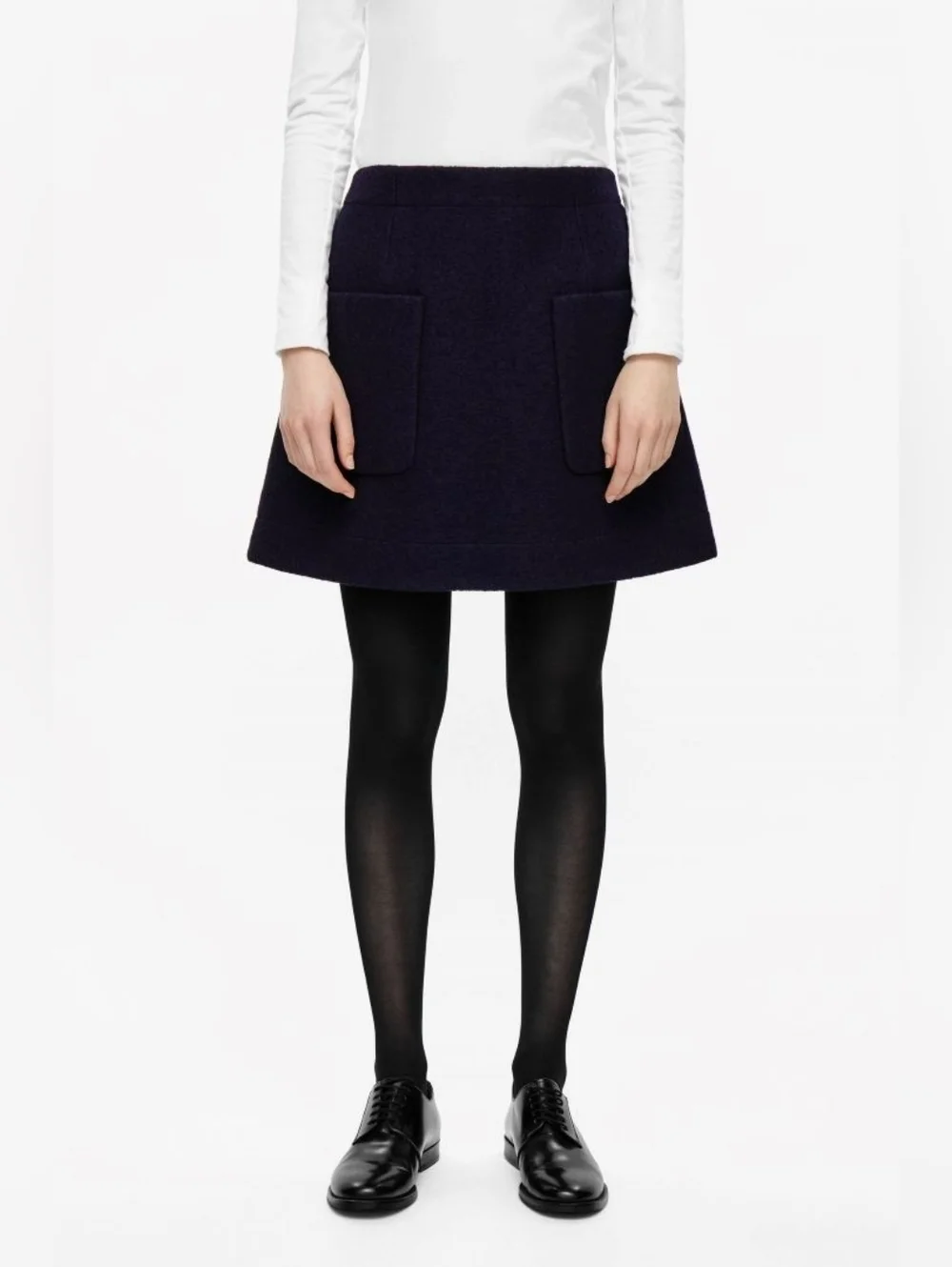 COS navy blue A-line wool mini skirt large front patch pockets 6